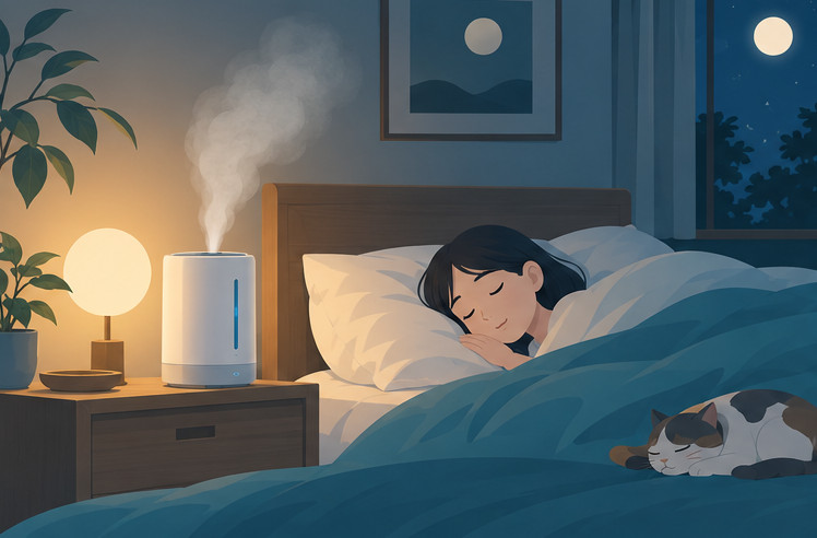 ミストが出る加湿器のある部屋のイラスト